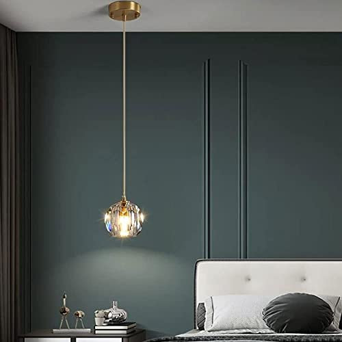 RCYF Modern Single Head Crystal Glass LED Hanging Light Luxury Wrought Iron Pendant Lamp Long Line Small Pendant Light Nordic Bedroom Bedside Small Chandelier E27