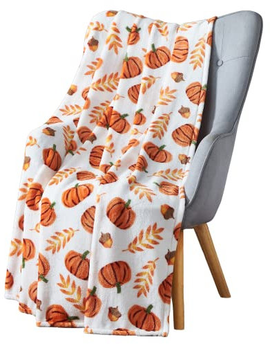 Wohnkultur, Bauernhaus-Herbst-Fleece-Überwurfdecke: Ernte Kürbisse, Blätter und Weizen auf Samtvlies, übergroße Maße: 178 x 127 cm