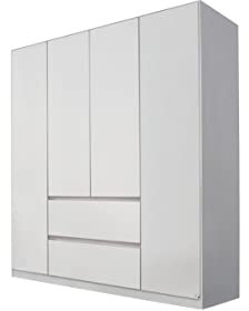 Rauch Möbel Mainz Schrank Kleiderschrank Drehtürenschrank Weiß 4-türig mit 2 Schubladen inkl. Zubehörpaket Basic 3 Einlegeböden, 3 Kleiderstangen, grifflos BxHxT 181x210x54 cm