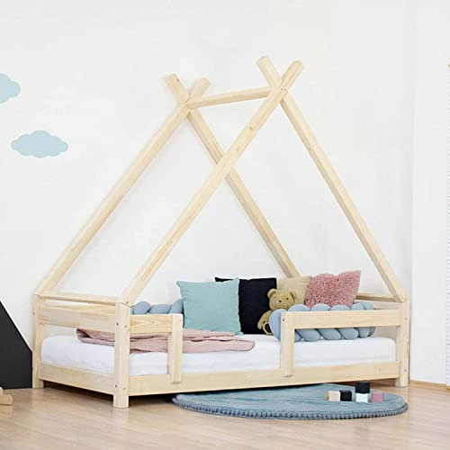 Kinder Tipi-Bett TAHUKA mit Sicherheitsgitter - Massivholz - natürliche Farbe lackiert - 120 x 200 cm
