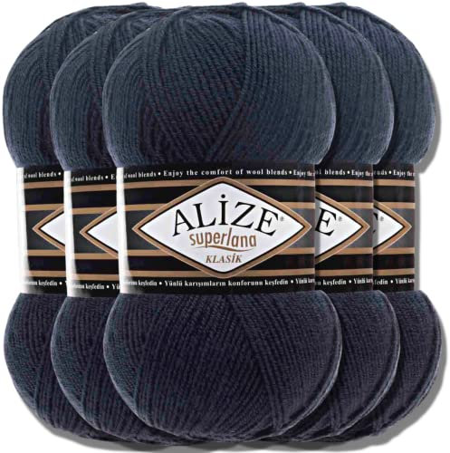 Hobby YARN Alize Superlana Klasik 5 x 100 g Türkische Premium Wolle Baumwolle und Acryl Uni Handstrickgarne Yarn Garn Strickgarn Baby zum Stricken Strickgarn (Navy | 58)