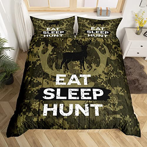 Jagd Grün Camouflage Bettwäsche Set Single Size, Eat Sleep Hunt Print Bettbezug für Kinder Jungen Betttröster Set, Retro Deer Silhouette Geweih Bettwäsche Quilt Cover Set Dekorative 2-Stücke