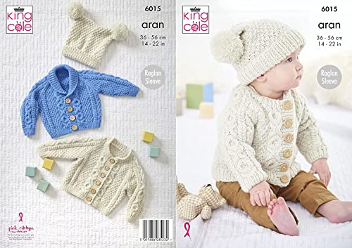 King Cole Baby Aran Knitting Pattern Raglan Sleeve Cable Knit Cardigan & Hat (6015), 14 - 22