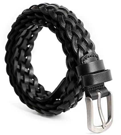 ECHAIN Damen Geflochtener Echtledergürtel Schmaler Gürtel Verstellbarer Lässiger Taillengurt für Jeans Kleider Alltags-Outfits, Schwarz 2, waist:35-40