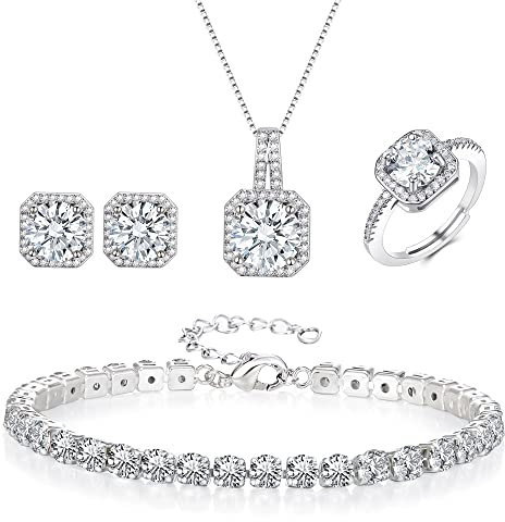 EVER FAITH Hochzeit Quadrat Cubic Zirkonia Schmuck Sets für Braut Brautjungfer, Glamour Anhänger Halskette Ohrringe Tennis Armband Offene Ring für Damen Klar Silber-Ton
