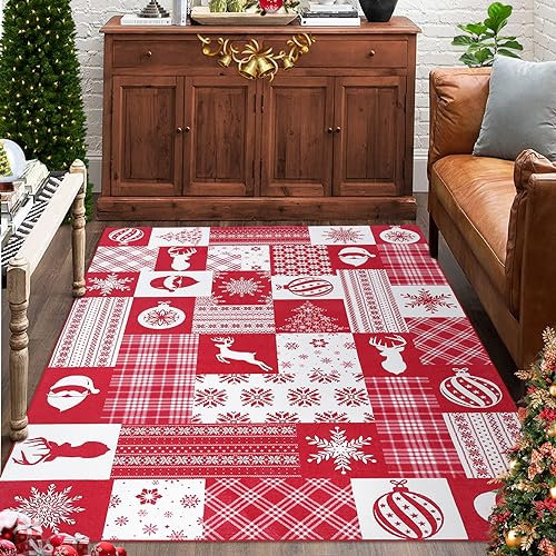 CAROMIO Maschinenwaschbarer Teppich für Schlafzimmer, Innenbereich Überwurf Teppich Weihnachtsbaum Schneeflocke Dekorativer Wohnzimmerteppich, Rot 120 x 170 cm