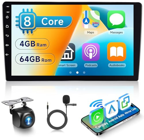 Hodozzy 4GB+64GB Radio Coche Android 8 Núcleos 2 DIN 9 Pulgadas IPS Radio Pantalla Táctil con Carplay Wireless Android Auto Espejo Enlace Navegación GPS WiFi Bluetooth DSP FM/RDS Radio Cámara USB/ISO