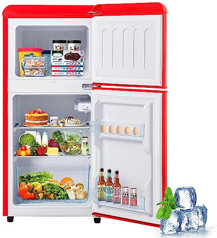 kubeier Nevera Retra. combinación de congelador. 86,8 cm de Alto, 45,5 cm de Ancho, Dos Puertas, con un Volumen Total de 60 litros, Volumen del congelador de 22 litros. -27°C ∽ 13°C, luz LED.,Red