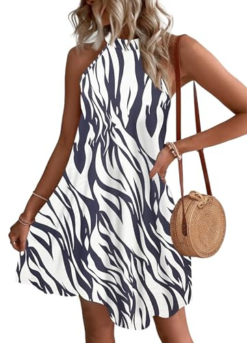 WNEEDU Sommerkleider Damen Kurze Strandkleider Neckholder Ärmelloses A-Linie Kleider mit Taschen