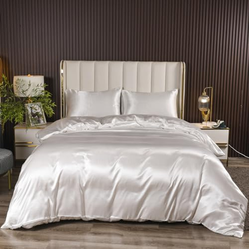TT Global Housse de Couette Satin 200x200 Blanc avec 2 Taies d'oreiller 65x65 cm Style Modern Unie Parure de Lit Adulte 2 Personnes Linge de Lit Satin de Soie Brillante avec Fermeture Éclair