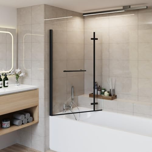 Aquariss Paroi de douche carrée de 810 x 1400 mm - 2 volets pliables - Verre de sécurité de 6 mm - Facile à nettoyer - Sans cadre - Pivote à 180 degrés - Noir - Avec porte-serviette