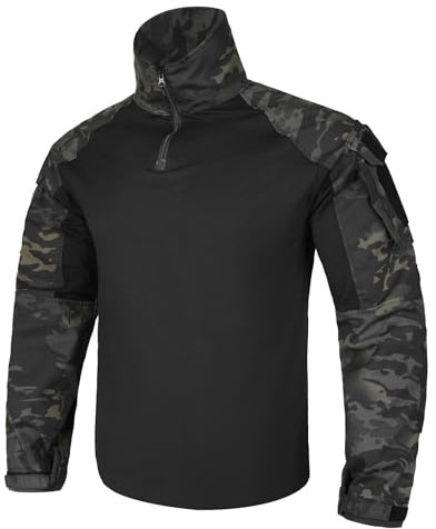 Herren Combat Shirts Taktische G3 Kampfhemden mit Ellbogenschützern Taktische Hemd Militär Outdoor Airsoft Kampf Jagd Hemd (Camouflage+Schwarz, S)