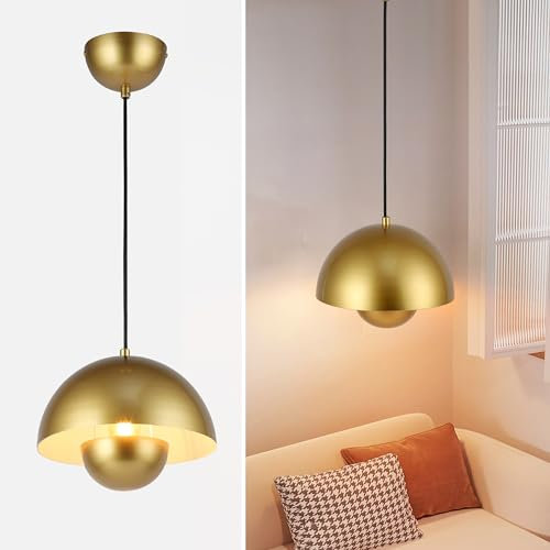 SUNLLOK Modern Flowerpot Pendant Light, Round Metal Pattern Mini Downward Dome Shade Ceiling Hanging Lamp, Industrial Chandelier for Kitchen Island, Dining Room, Living Room (Gold)