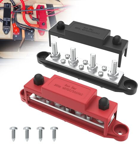 Aktualisierte Fassung Bus Bar 250A 12V Stromverteilungsblock mit 5/16 (M8) 4-Posts Klemmenblock mit Abdeckung für Automotive, Marine, Batteriesystem (Schwarz & Rot)