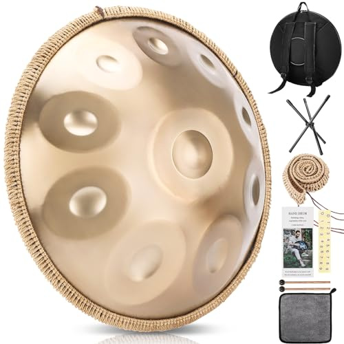Handpan 432 Hz, 10 Töne 22 Zoll Steel Handpan Instrument, Gold Performer in D Minor Zungentrommel, mit Handpan Weicher Tasche, Schlägeln, Handtrommelständer Für Anfänger, Profis, Musiktherapie