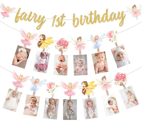 First Birthday Decorations Girl Fairy - Fairy 1st Birthday Banner, Monthly Photo Banner for Floral Fairy 1st Birthday Party Decorations, Fairy One Year Old Birthday Decorations for Baby Girl