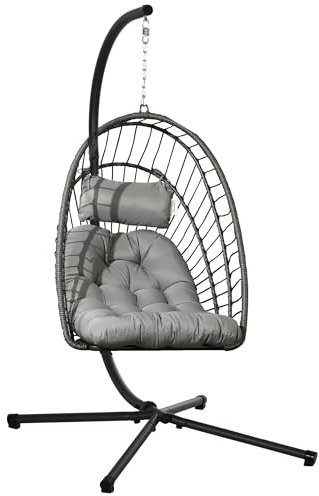 Outsunny Silla Colgante de Ratán Sillón Colgante Plegable con Cojín Reposacabezas y Marco de Acero Carga 100 kg para Interior y Exterior Gris Oscuro