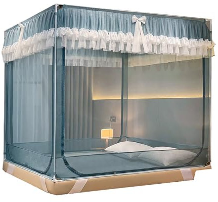 CUTTE Moskitonetz für Bett, DREI Türen, 4 Ecken Pfosten-Himmelbett-Vorhang, Prinzessinnen Himmelbett Vorhang Bettnetz für Twin Single Full Queen-Size-Bett,Blue,180x200cm