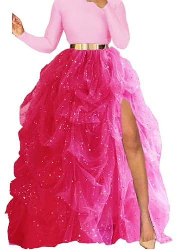 Lisong Maxi gonna da donna in tulle a strati a vita alta per occasioni speciali, Fucsia Sparkle, S