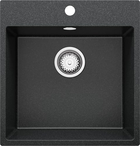 PRIMAGRAN Spülbecken ab 50er Unterschrank + Ablauf-Set, 48x50cm | Set: Ablauf-Set (Siphon, Ablaufgarnitur, Überlauf) + Granitspüle 1 Becken - Riga, Anthrazit