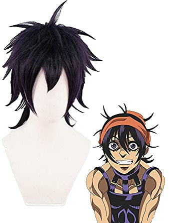 Anime cosplay perücke JoJo. Bizarres Abenteuer Narancia Ghirga Cosplay dunkelviolette Perücke mit Haarband hitzebeständige Faserhaare+Perücke Cap Party Requisiten
