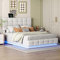 Oyemige Letto Imbottito 140x200, Letto Matrimoniale con Illuminazione a LED e Contenitore Ad Alzata Idraulica, Base e Rete a Doghe In Similpelle, Adatto per Adulti e Ragazzi Senza Materasso (Bianco A)