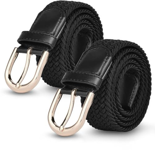 flintronic 2 PCS Elastic Braided Belt, Elastic Stretch Woven Belt with Covered Leather Buckle, Adjustable Fashion Waist Band, Unisex Men Women Casual Waist Band for Jeans, Trousers - 107CM
