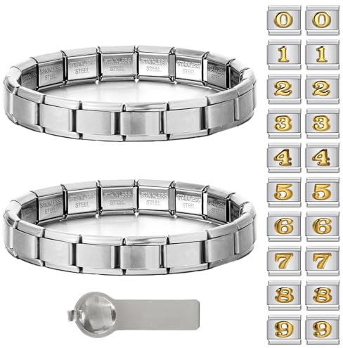 Italian Charm Bracelet 2 Stück Italian Charm Bracelet Charms 20 zusätzlich 9mm Abnehmbare Edelstahl Modul Italian Charm Bracelet Set Geschenke für Frauen Mama Freundin (mit 1 Öffnungswerkzeugen)