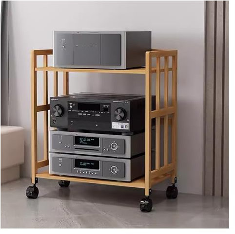 HDYZJQ HiFi Rack Robuster AV-Medienständer mit 2, 3, 4 und 5 Ebenen, Stereo-Schrankständer mit höhenverstellbarem Regal und Rädern, Organizer-Rack für Kabelboxen aus Bambus(Tall-77cm,W-80cm/31in)