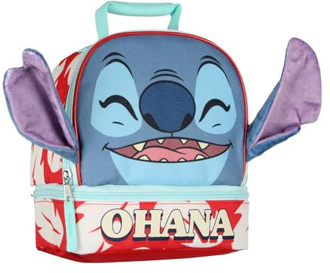 Disney Lilo and Stitch - Contenitore per il pranzo Peek-A-Boo 3D con orecchie di velluto, Ohana, doppio scomparto isolato