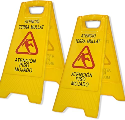 Bricoloco Suelo mojado Señal de advertencia abatible de plástico de color amarillo para suelo mojado. Castellano y catalán (2)
