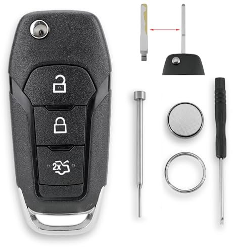 Für Ford Fiesta Focus Galaxy Mustang S-Max KA+ Mondeo Puma Transit/Tourneo Connect Courier Custom 3 Tasten Autoschlüssel Gehäuse mit Batterie CR2032 und Pin-Entfernungswerkzeug