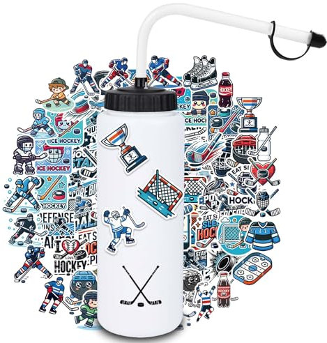 RhythmFit Hockey-Geschenke, 1 Packung Hockey-Wasserflasche mit langem Strohhalm und 100 Hockey-Aufklebern, Zubehör für Jungen, Männer, Spielerliebhaber (1 l, drücken, BPA-frei)