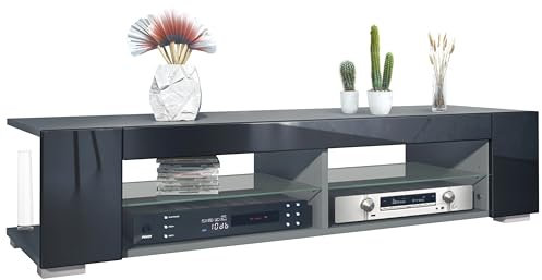 Vladon Lowboard Movie, TV-Kommode mit 4 offenen Fächern und Zierleisten, Anthrazit matt/Schwarz Hochglanz (134,5 x 30,5 x 38,5 cm)