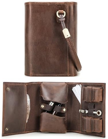 Hiram Bolsa de Pipa de Cuero Vintage para 2 Pipas de Tabaco - Portátil para Fumar Accesorios - Almacenamiento Con Correa de Muñeca Desmontable