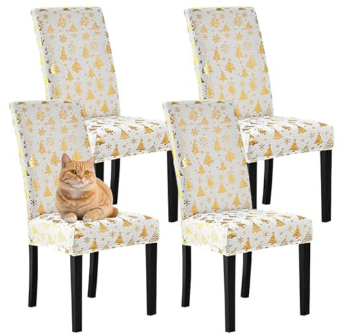 Highdi Weihnachten Stuhlhussen 1er/2er/4er/6er Set Stretch Stuhlbezug Gold Weihnachtsbaum Dekoration Stuhlüberzug Waschbar Universal für Esszimmer Hotel Bankett Weihnachtsdeko (4er Set,Weiß 2)