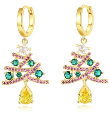 FDEETY Exquisite Weihnachtsbaum Ohrringe Gold mit bunten Kristallen Ohrringe für Damen Schmuck für Festivitäten und besondere Anlässe(A)