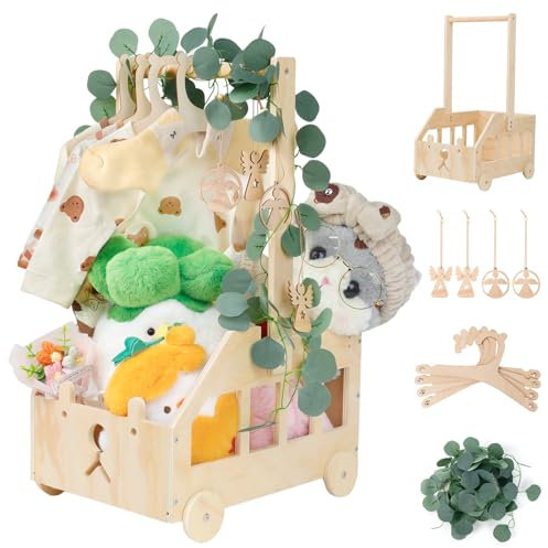 Wuciray Babyparty Geschenk mit Griff Wickelkorb mit Holzrädern Kinder Holz Holzkiste Babygeschenk Geschenkkorb Baby Korb Geschenk mit Dekorblättern Holzkleiderbügel und Engel-Tag Baby Shower Geschenk