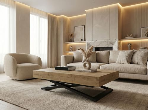 WFL GROUP Couchtisch Höhenverstellbar und Ausziehbar Cavetta U - Wohnzimmertisch Esstisch Multifunktionstisch mit Schwarzem Metallgestell 120-200/80/27-76 cm Lancelot Eiche
