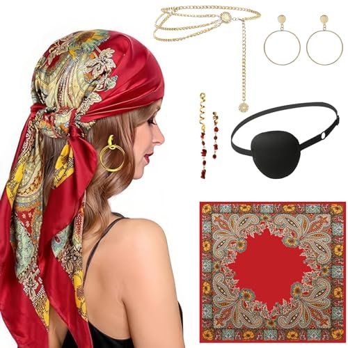 6 Stück PiratenkostüM Damen ZubehöR, Pirate Accessories, Kopftuch Pirat Damen, Piraten ZubehöR Damen, Piraten Kopftuch Damen, Piraten Halskette Schmuck Augenklappe für Karneval Fasching Mottoparty
