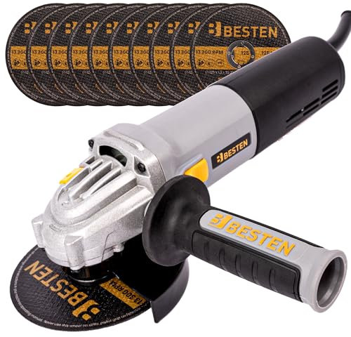 BESTEN Netz-Winkelschleifer 125 mm 1300 W, Schleifer mit Drehzahlregulierung bis 11000, Satz mit 10 Metall-Trennscheiben