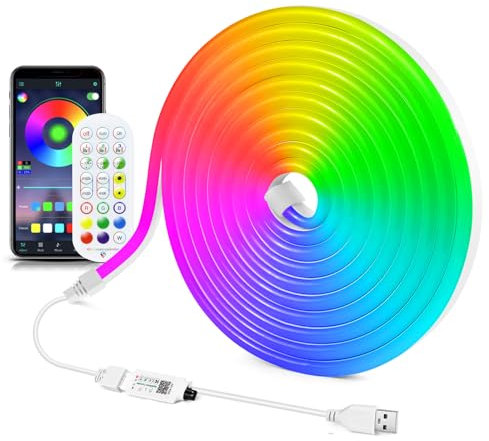 AIMENGTE Neon LED Strip, 2M 5V RGB Flexible Neon LED Streifen, mit Musiksynchronisation, Timing, Timerspeicher, dynamischer Modus, für DIY-Formen Spiel Dekoration