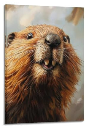 hjkhjt Tier-Poster, niedlicher Biber mit fröhlichem Ausdruck, Wandkunst, Leinwand, ästhetisches Covergemälde für Wohnzimmer, Schlafzimmer, 20 x 30 cm, Rahmenstil