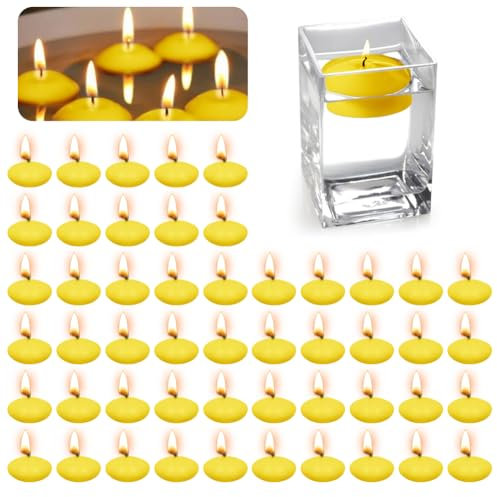 Lot de 50 bougies flottantes jaunes - Bougies flottantes - Bougies flottantes non parfumées - Bougies chauffe-plat pour piscine de mariage, baignoire de Saint-Valentin, décoration de Noël