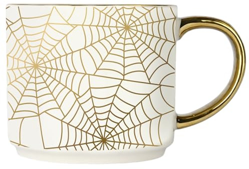 Sweet Water Decor Gold Spiderwebs Mug, 14oz Fine Bone China Coffee Cup with Gold Handle, Cute Halloween Decorations for Home, Spider Web Mug Fall Seasonal Decor, Spooky Season Gifts for Women
