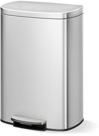 GarveeHome Stainless Steel Kitchen Trash Can, 13 Gal / 50 L Step-On Garbage Bin with Soft Close Lid, Large Rustproof Metal Trash Can for Kitchen, Silver