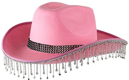 Generisch Pas de place sans toi Film Femme Couleur Unie Fête Strass Franges Mariage Cylindre Occidental Cowboy Chapeau Femme Bottes de Cowboy Bleu, Rose, taille unique
