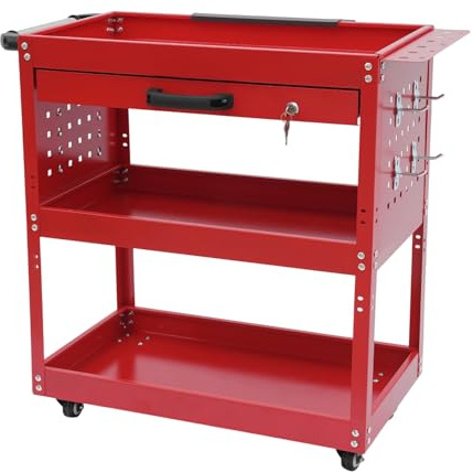 BRRIDE Werkzeugwagen Rollwagen mit 3 Ladeflächen & Schublade, Werkstattwagen Multifunktionaler Etagenwagen mit Pegboard, Service-Wagen Lagerwagen (Rot)