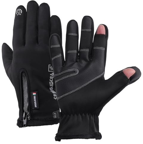 Fjquamitix Wasserdichte Winter-Thermo-Handschuhe mit Fingerkappe, Fleece-gefüttert, schwarz, fingerlose Angelhandschuhe für Männer und Frauen, mit Reißverschluss, geeignet zum Autofahren, Motorrad