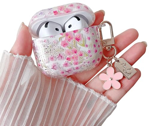 MINSCOSE Kompatibel mit AirPods 4 Klarsicht-Hülle, niedliches Cartoon-Blumen-Design mit rosa Blumen-Schlüsselanhänger Weiche TPU-Schutzhülle für Airpod 4 für Frauen und Mädchen–Rosa Blume